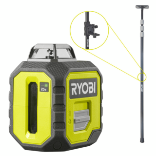 RYOBI Set krížový líniový laser 360° - zelený a teleskopický držiak