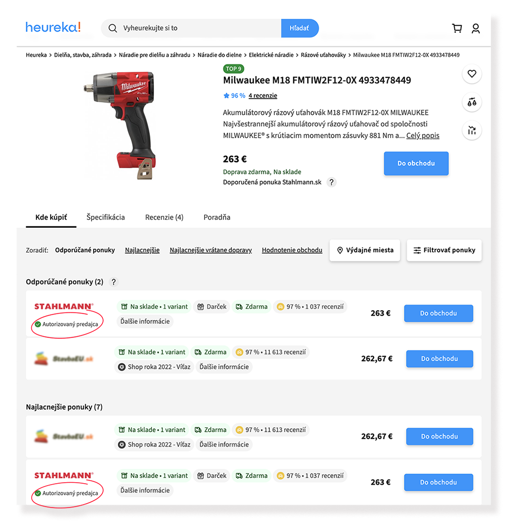 Názorná ukážka zobrazenia autorizovaného predajcu na porovnávači Heureka.